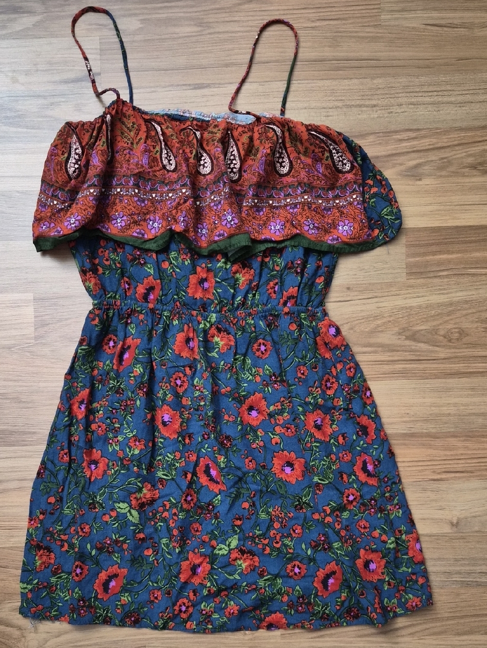 Papaya Blue Floral Boho Mini Dress with Red Ruffle